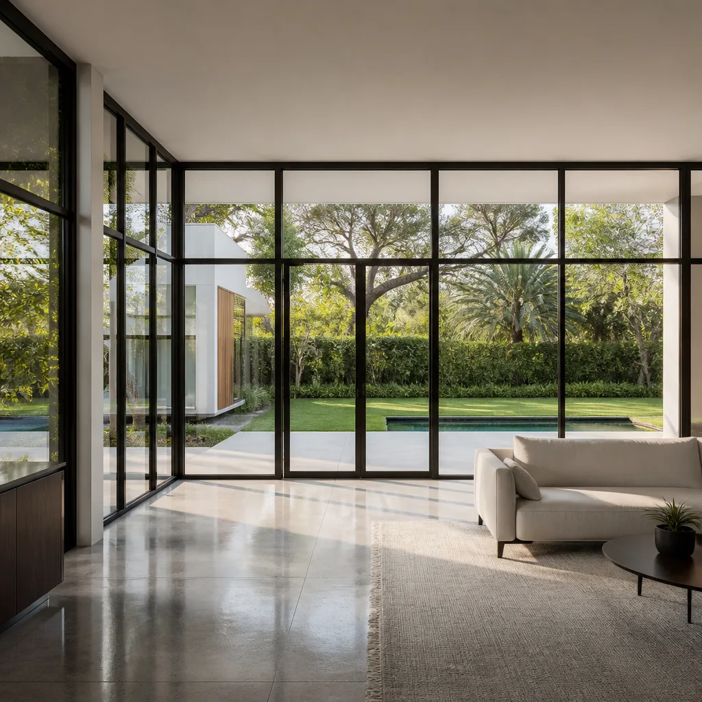 Modern living room featuring expansive custom floor-to-ceiling geometric window installation in Hialeah, FL