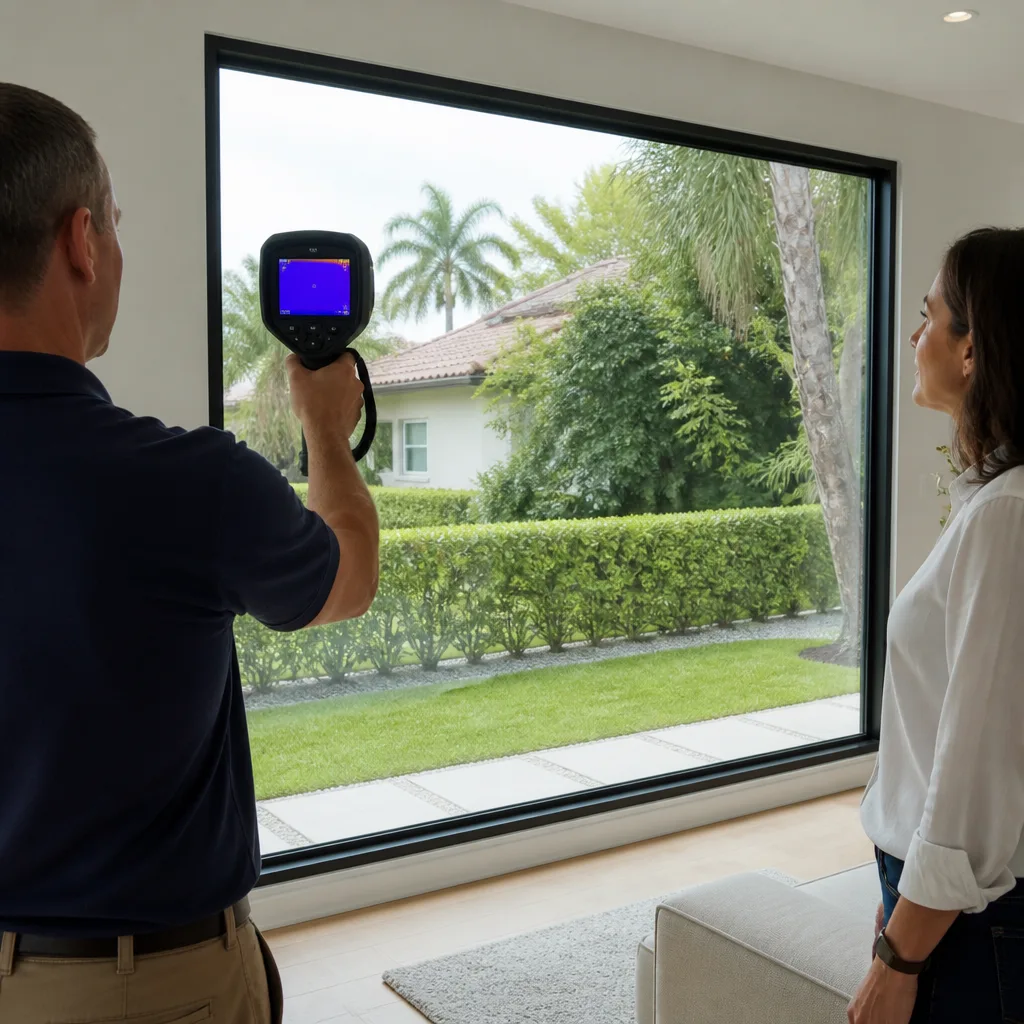 Technician using thermal camera to inspect residential window energy efficiency in Miami, FL