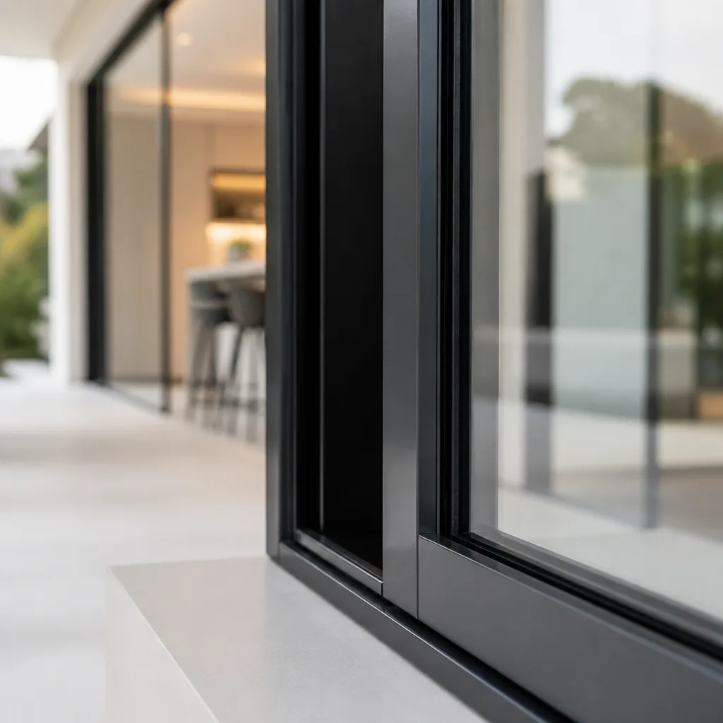 Modern black aluminum residential window frame with glass panels in Hialeah, FL