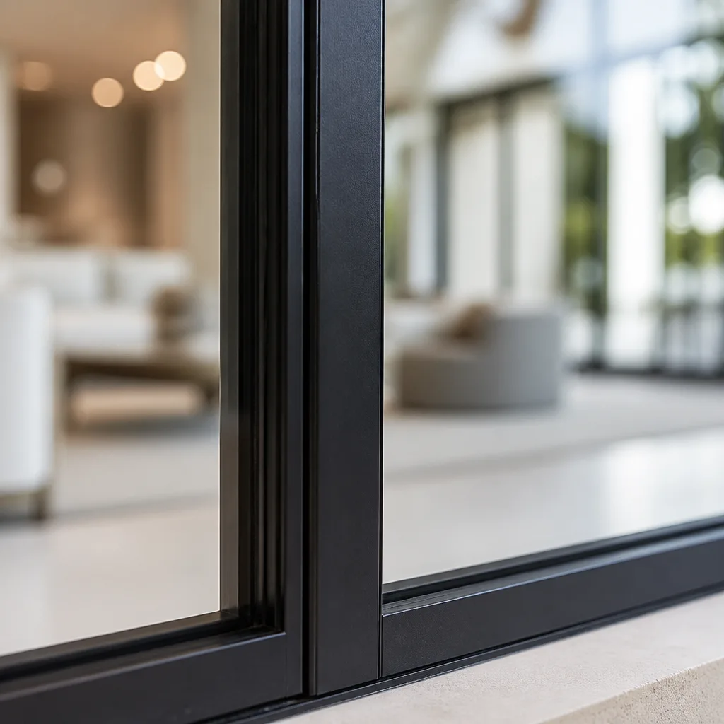Modern black framed impact window installation