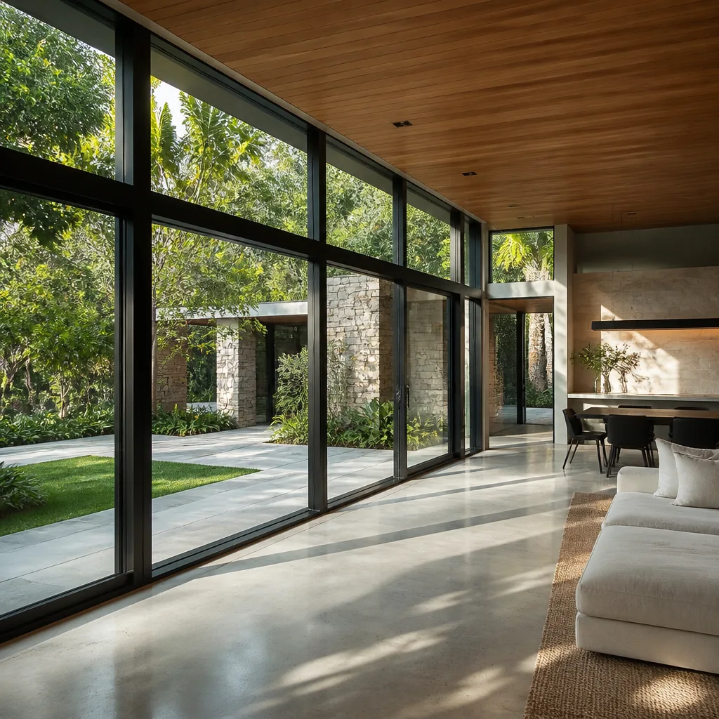 Modern floor-to-ceiling glass windows and sliding doors overlooking a garden in Pompano Beach, FL