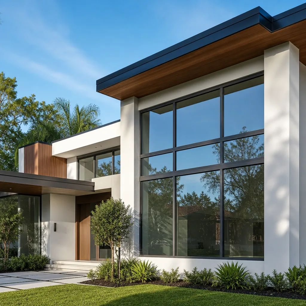 Modern residential exterior with large black frame windows and entry doors in Pompano Beach, FL