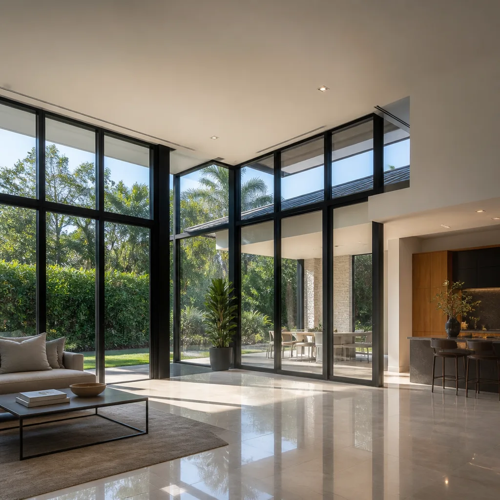 Modern floor-to-ceiling glass windows and doors in a luxury home interior in Hialeah, FL