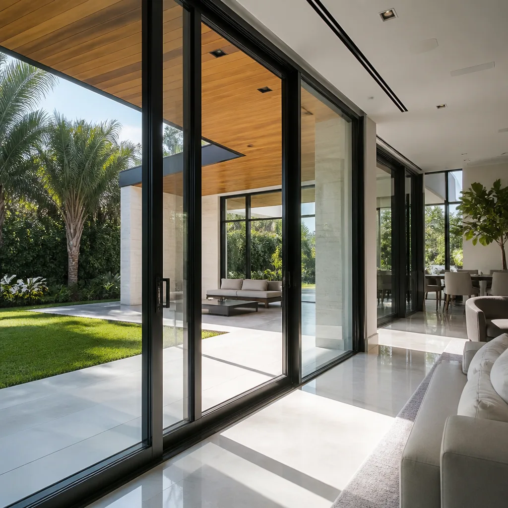 Modern luxury home interior with floor-to-ceiling sliding glass patio doors in Doral, FL