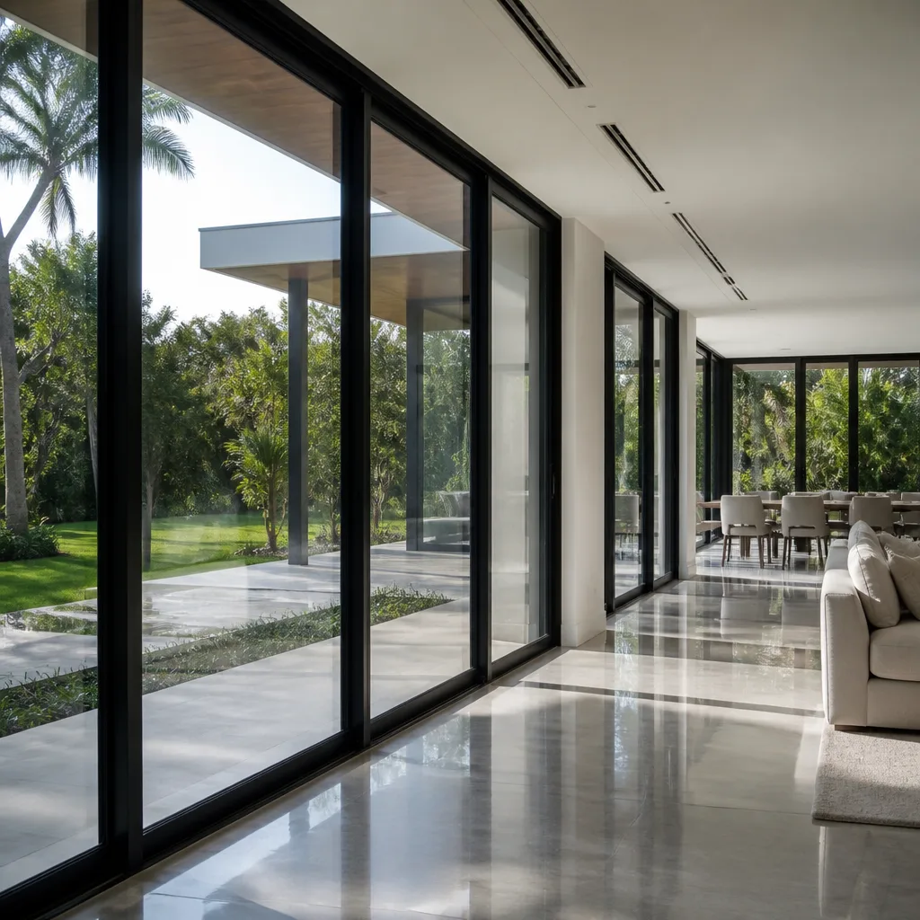 Modern floor-to-ceiling sliding glass patio doors in a luxury home in Doral, FL